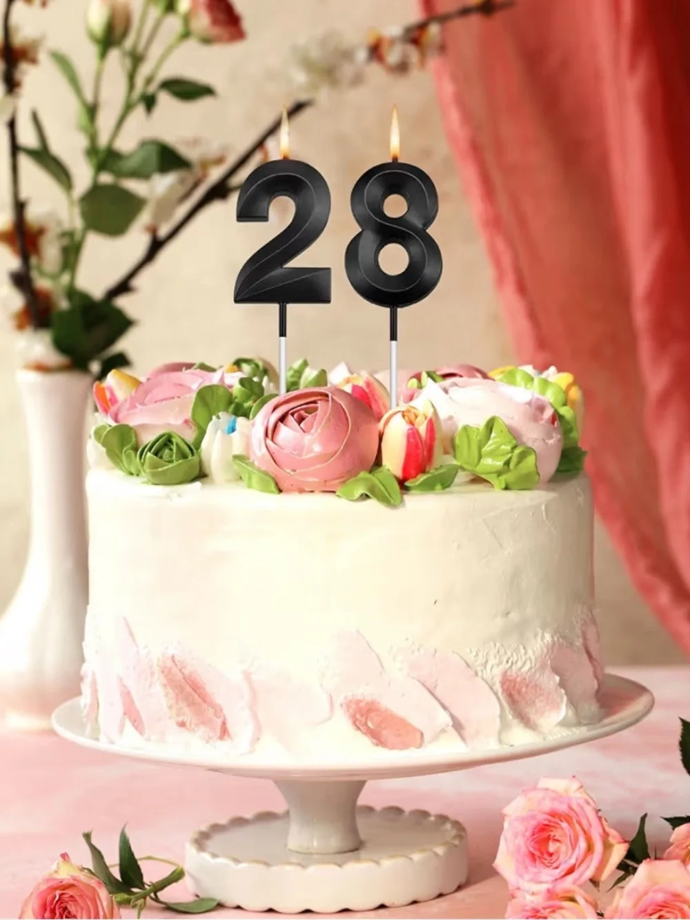 Black Number 28 Candles & Happy Birthday Cake Toppers